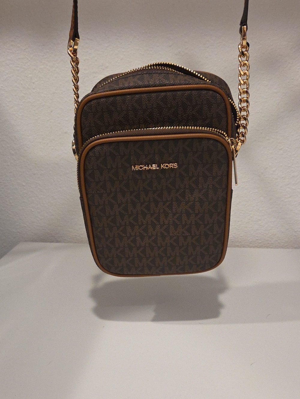 Michael Kors Brown MK Monogram Crossbody with Gold Chain